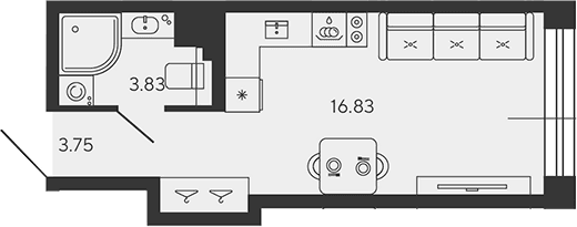 Планировка: Студия 24,4 м² в ЖК «BASHNI ELEMENT»