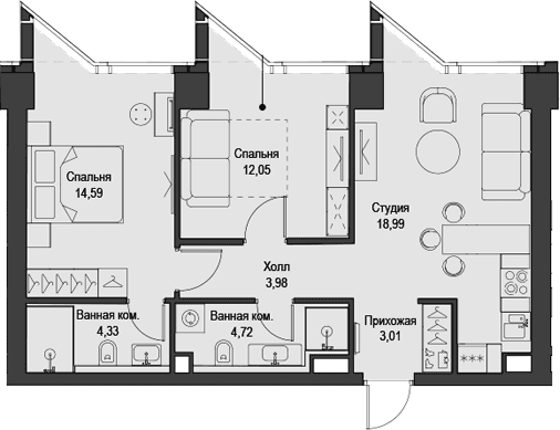 Планировка: Евротрёшка 61,7 м² в ЖК «Феймос»