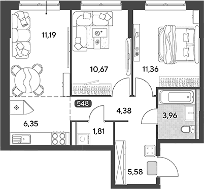 Планировка: Евротрёшка 55,3 м² в ЖК «Космопарк»