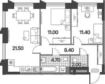 Планировка: Евротрёшка 59 м² в ЖК «Обручева 30»