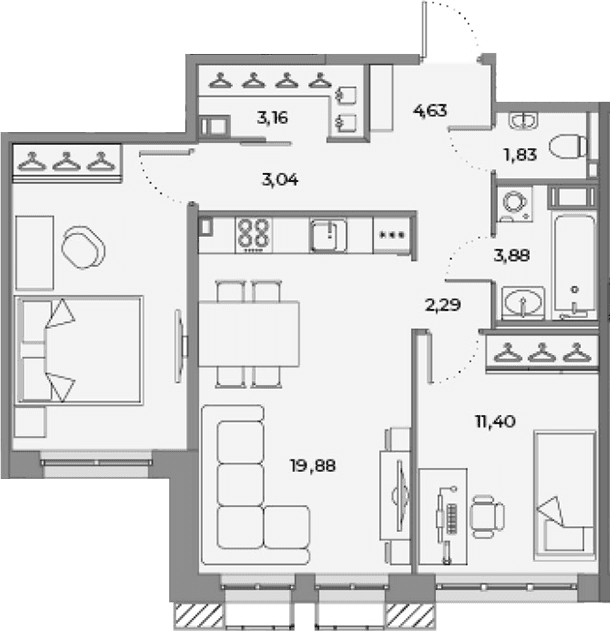Планировка: Евротрёшка 61,6 м² в ЖК «Взлетная 16»