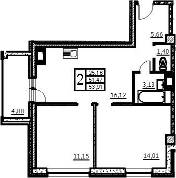 Планировка: Евротрёшка 51,5 м² в ЖК «Wings»