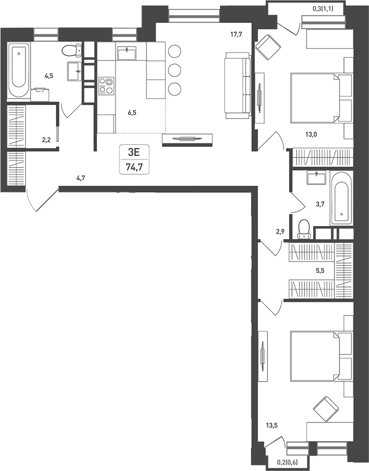 Планировка: Евротрёшка 77,1 м² в ЖК «Новая Щербинка»