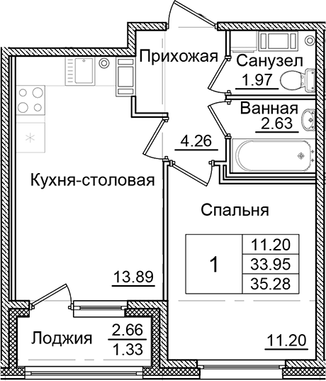Планировка: 1-комнатная квартира 34 м² в ЖК «Квартал Заречье»