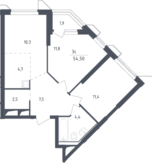Планировка: Евротрёшка 52,6 м² в ЖК «Скай Спутник»