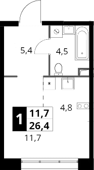 Планировка: Студия 26,4 м² в ЖК «1-й Саларьевский»