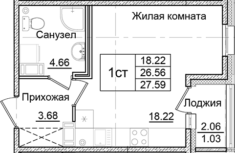Планировка: Студия 26,6 м² в ЖК «Квартал Заречье»