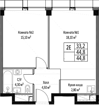 Планировка: Евродвушка 44,8 м² в ЖК «ЭМОУШН»