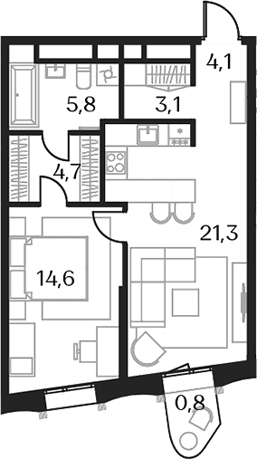 Планировка: Евродвушка 53,6 м² в ЖК «Союз»