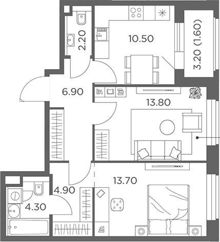 Планировка: 2-комнатная квартира 56,3 м² в ЖК «Белый Град»