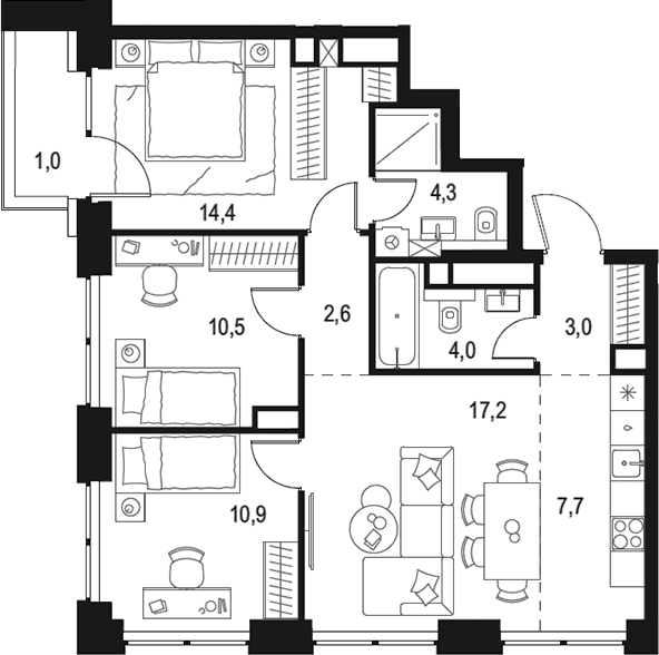 Планировка: Квартира евро-4 74,6 м² в ЖК «Левел Звенигородская»