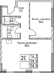 Планировка: Евродвушка 58 м² в ЖК «Наметкин Тауэр»