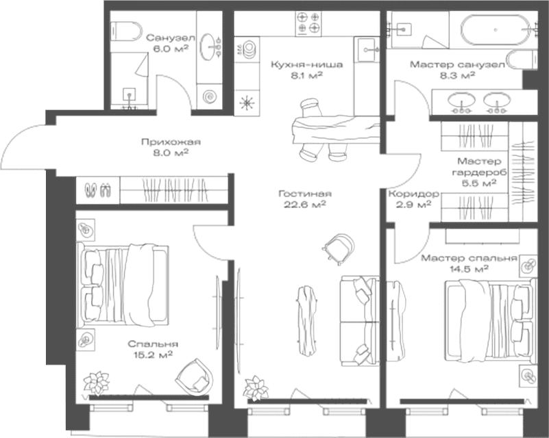 Планировка: Евротрёшка 91,1 м² в ЖК «Опус»