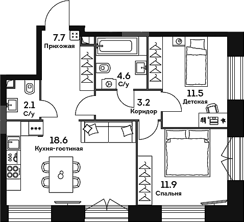 Планировка: Евротрёшка 59,6 м² в ЖК «ЭРА»