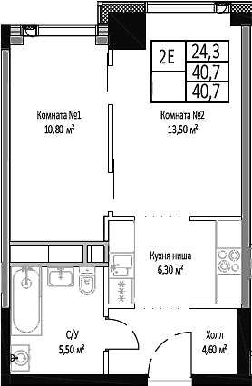 Планировка: Евродвушка 40,7 м² в ЖК «Мираполис»