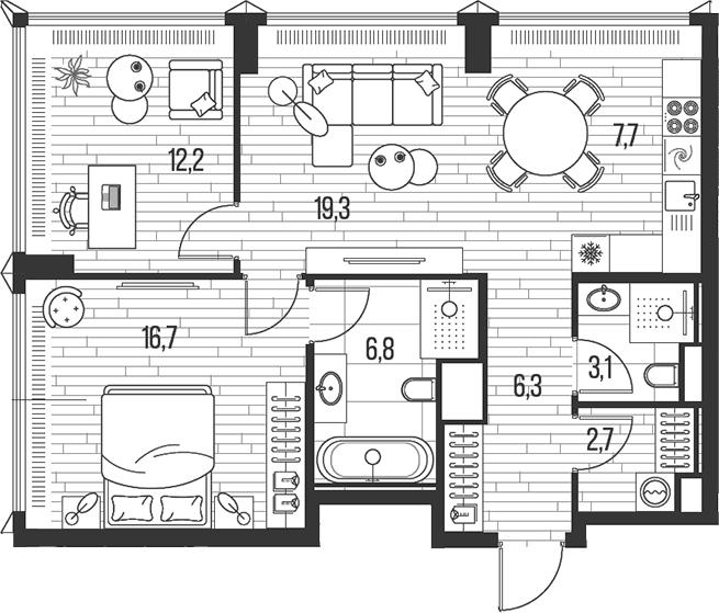 Планировка: Евротрёшка 74,8 м² в ЖК «HIGH LIFE»