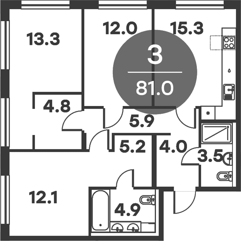 Планировка: 3-комнатная квартира 81 м² в ЖК «Равновесие»