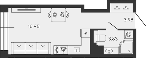 Планировка: Студия 24,4 м² в ЖК «BASHNI ELEMENT»