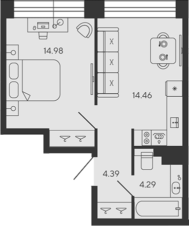 Планировка: Евродвушка 38,1 м² в ЖК «BASHNI ELEMENT»