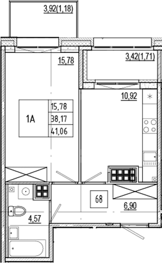 Планировка: 1-комнатная квартира 38,2 м² в ЖК «Ranta Residence»