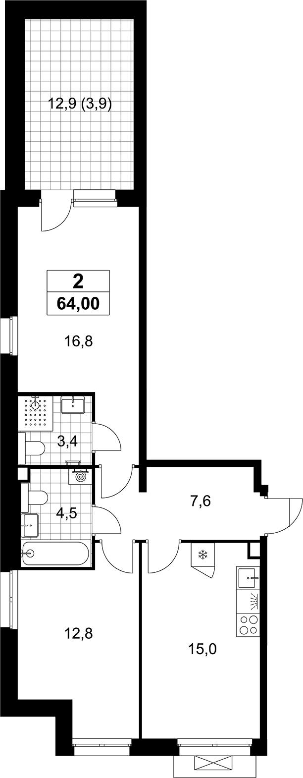 Планировка: Евротрёшка 60,1 м² в ЖК «Деснаречье»