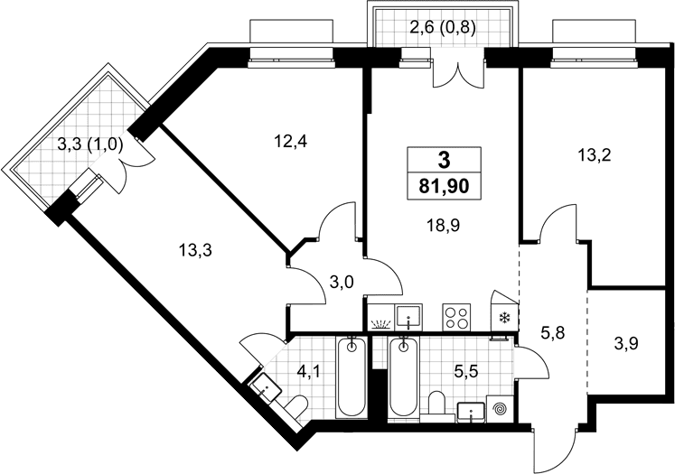 Планировка: Квартира евро-4 80,1 м² в ЖК «Хольм»