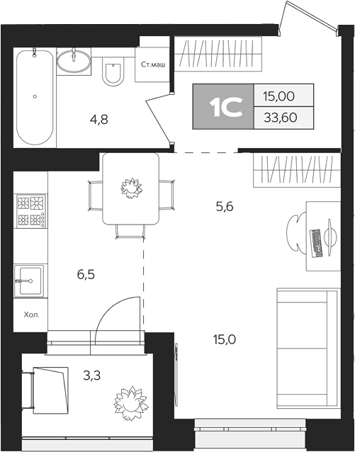 Планировка: Студия 32 м² в ЖК «Ласточкино»