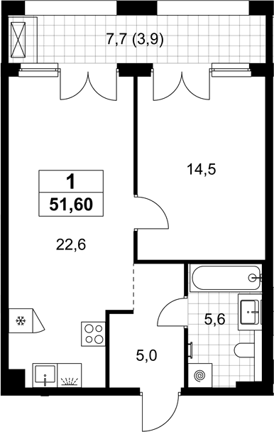 Планировка: Евродвушка 47,7 м² в ЖК «Хольм»
