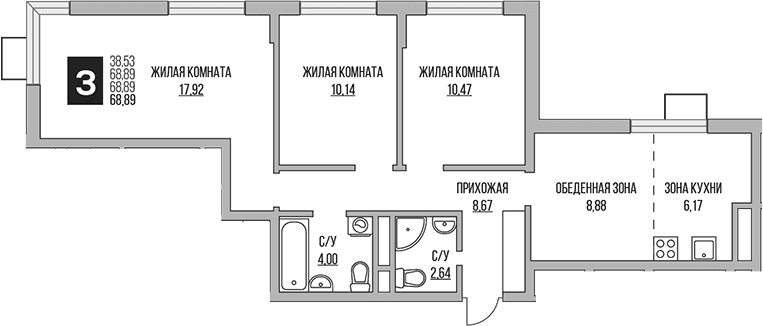3-комнатная квартира