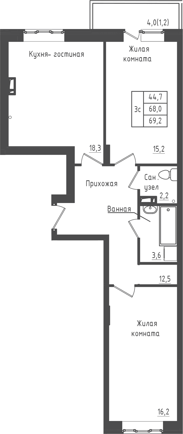 Планировка: 2-комнатная квартира 68 м² в ЖК «Зеленый город»