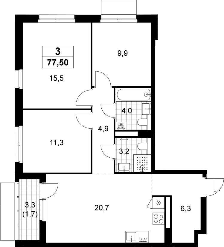 Планировка: Квартира евро-4 75,8 м² в ЖК «Деснаречье»