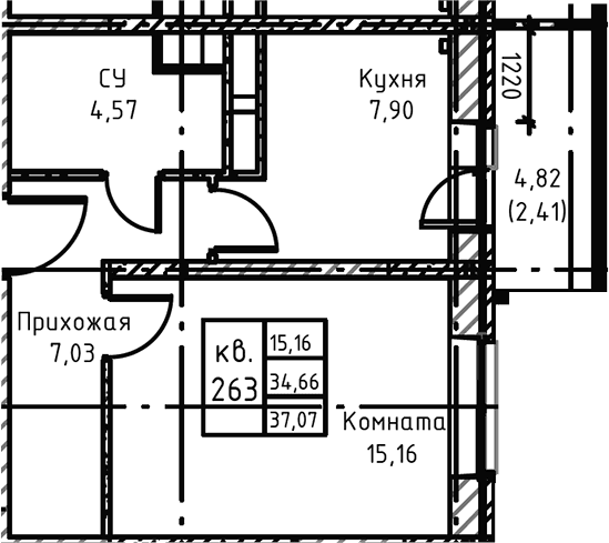Планировка: 1-комнатная квартира 38 м² в ЖК «Высокий Берег»