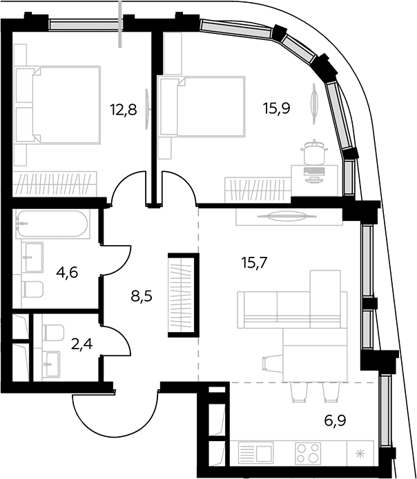 Планировка: Евротрёшка 66,8 м² в ЖК «Дом 56»