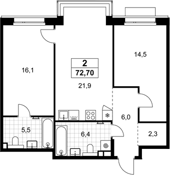 Планировка: Евротрёшка 72,7 м² в ЖК «Хольм»