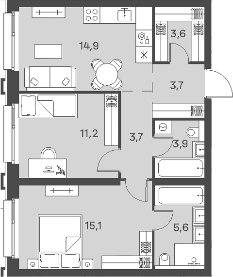 Планировка: Евротрёшка 61,7 м² в ЖК «Портленд»