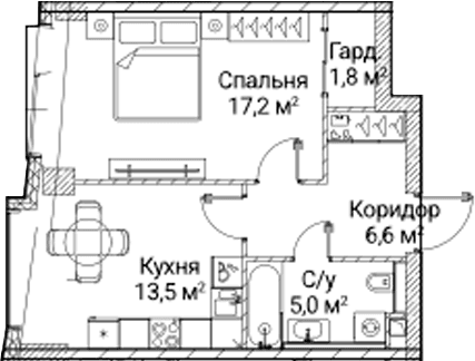 Планировка: 1-комнатная квартира 43,9 м² в ЖК «СЕЗАР БУДУЩЕЕ»
