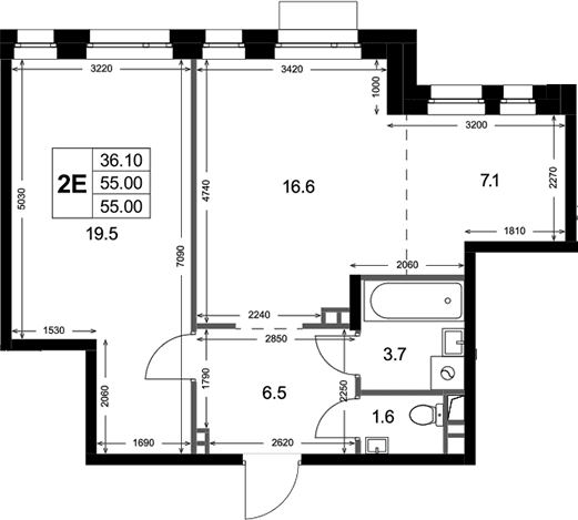 Планировка: Евродвушка 55 м² в ЖК «Кореневский Форт 2.3»
