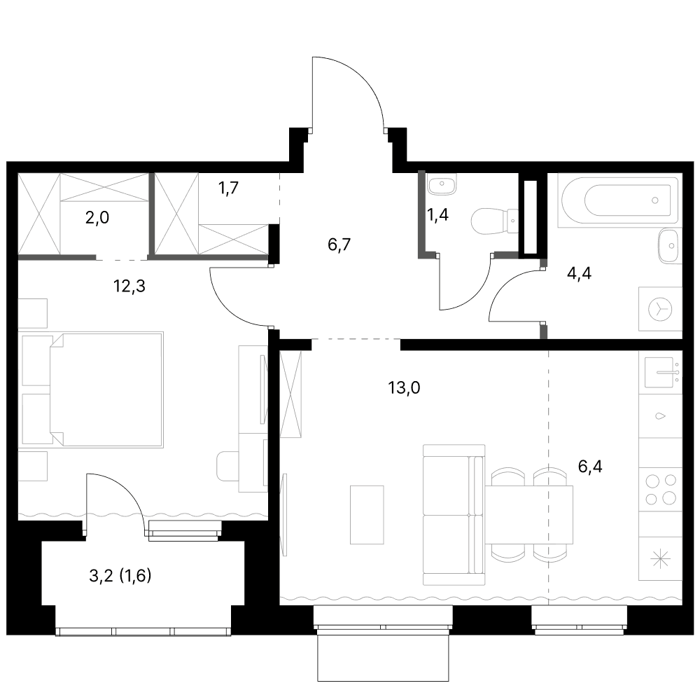 Планировка: Евродвушка 47,9 м² в ЖК «1-й Ясеневский»