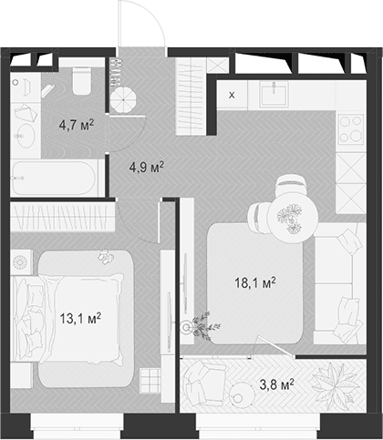 Планировка: Евродвушка 40,8 м² в ЖК «Гранд Комфорт 3»