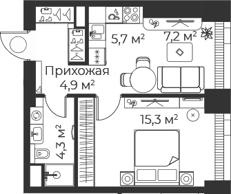 Планировка: Евродвушка 37,4 м² в ЖК «Веер»