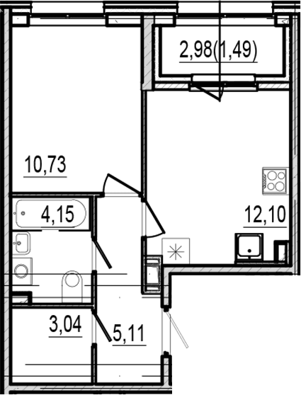 Планировка: 1-комнатная квартира 35,1 м² в ЖК «Оптимист»