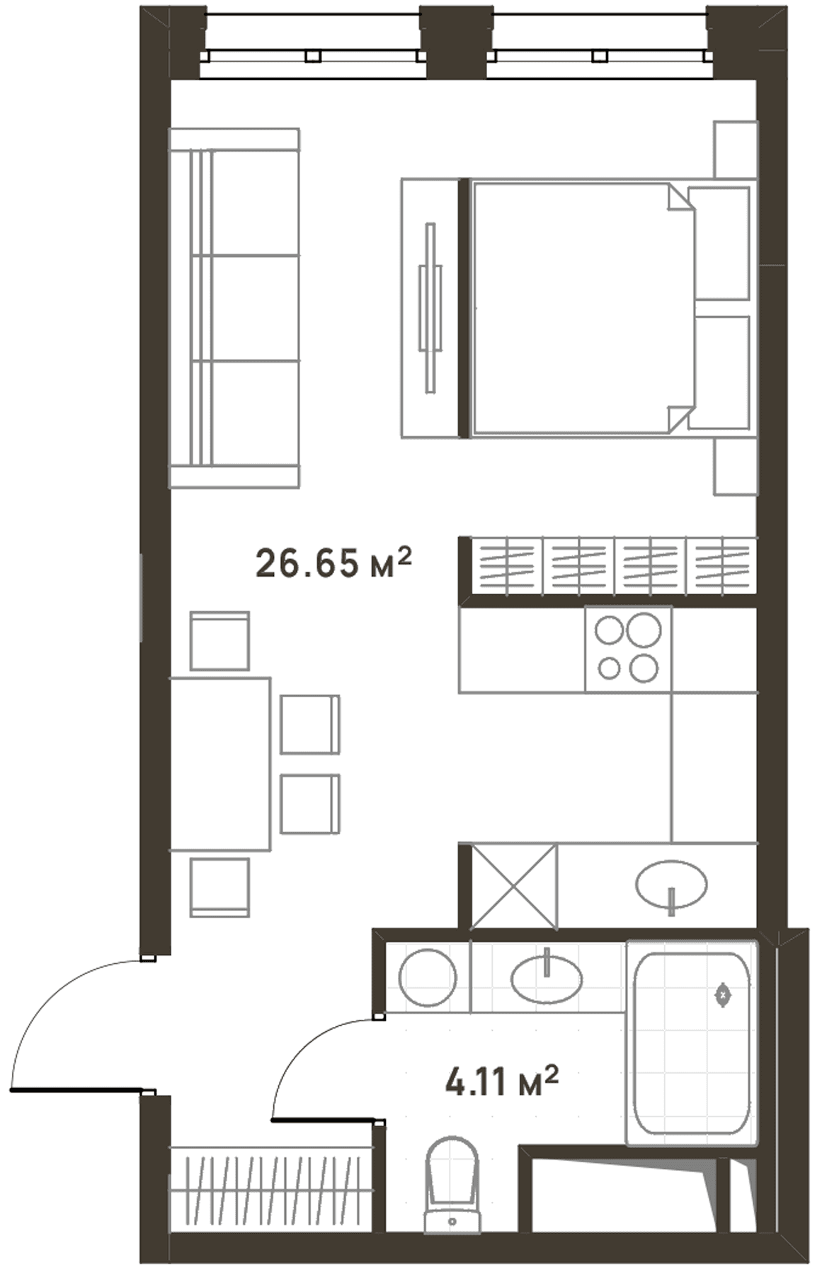 Планировка: Студия 30,8 м² в ЖК «Дюна»