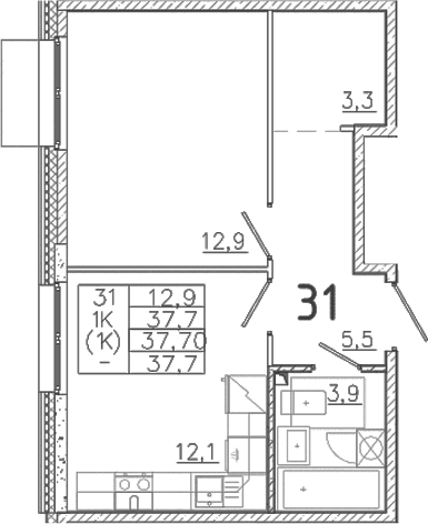 Планировка: 1-комнатная квартира 37,7 м² в ЖК «Лисино»