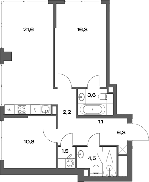 Планировка: Евротрёшка 67,7 м² в ЖК «Акценты»