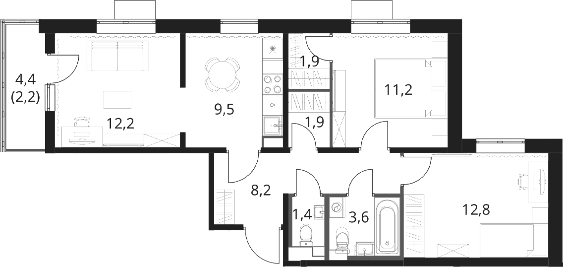 Планировка: Евротрёшка 62,7 м² в ЖК «1-й Шереметьевский»