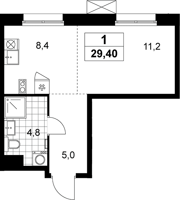 Планировка: Студия 29,4 м² в ЖК «Дзен-кварталы»