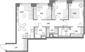 Планировка: Квартира евро-4 85,7 м² в ЖК «Апсайд Тауэрс»