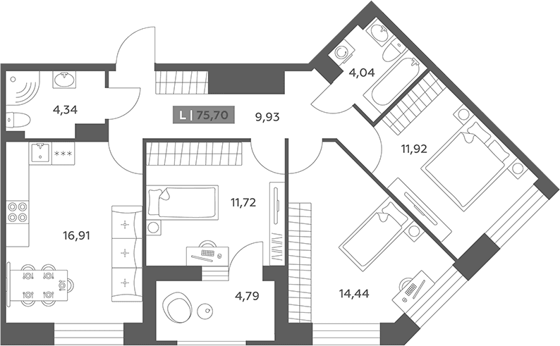 Планировка: Квартира евро-4 73,3 м² в ЖК «Аквилон РекаПарк»