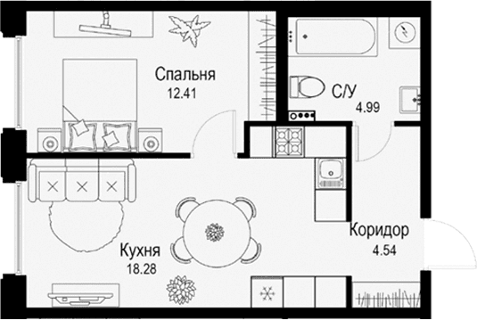 Планировка: Евродвушка 40,2 м² в ЖК «ID Petrogradskaya»