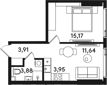 Планировка: Евродвушка 38,6 м² в ЖК «СОЛОС»